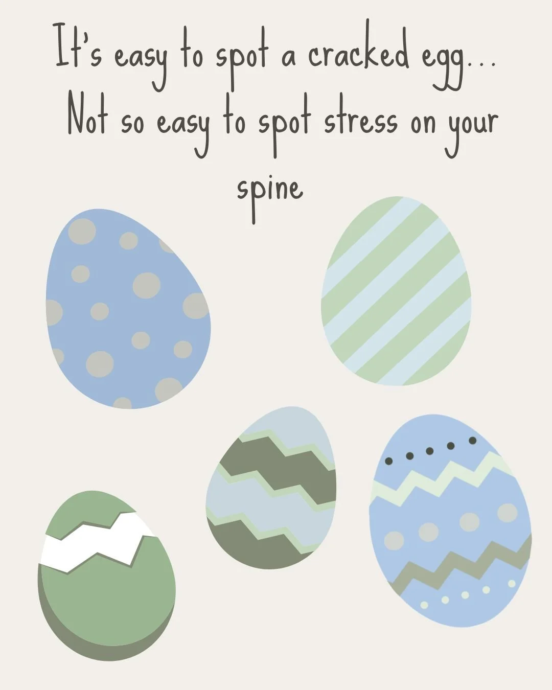 🥚 Easter Challenge: Find the cracked egg!

It&rsquo;s easy to spot a cracked egg&hellip;
Not so easy to spot stress on your spine 👀

That&rsquo;s where we come in.
Let&rsquo;s find and fix the hidden stress before it turns into bigger problems.