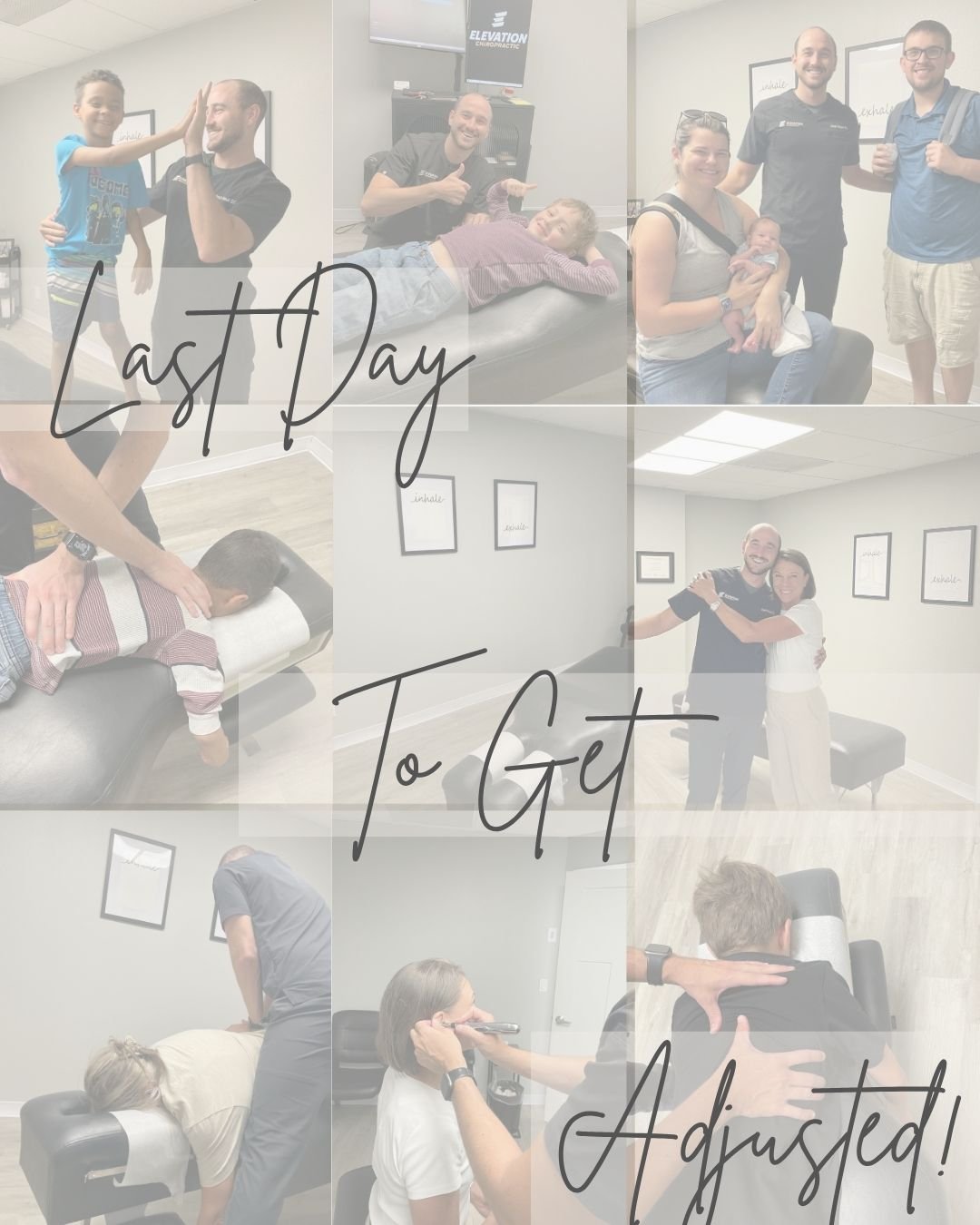Final day to get adjusted this week! Walk in, get adjusted, and leave feeling your best.

PLUS- every visit today automatically enters you into our raffle 🎉 We&rsquo;ll be drawing winners at the end of the month! 

We&rsquo;re here all day and excit