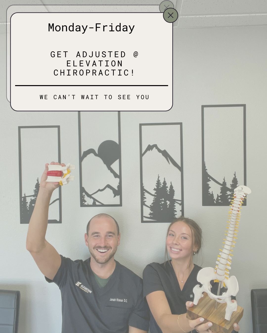 We&rsquo;re here all week! Get adjusted and set your body up to feel the difference- more energy, better movement, and a stronger start to your week.

Come in and take care of yourself.
Monday-Thursday 9-1, 3-6 and Friday 9-1
515-461-3505
Elevationch