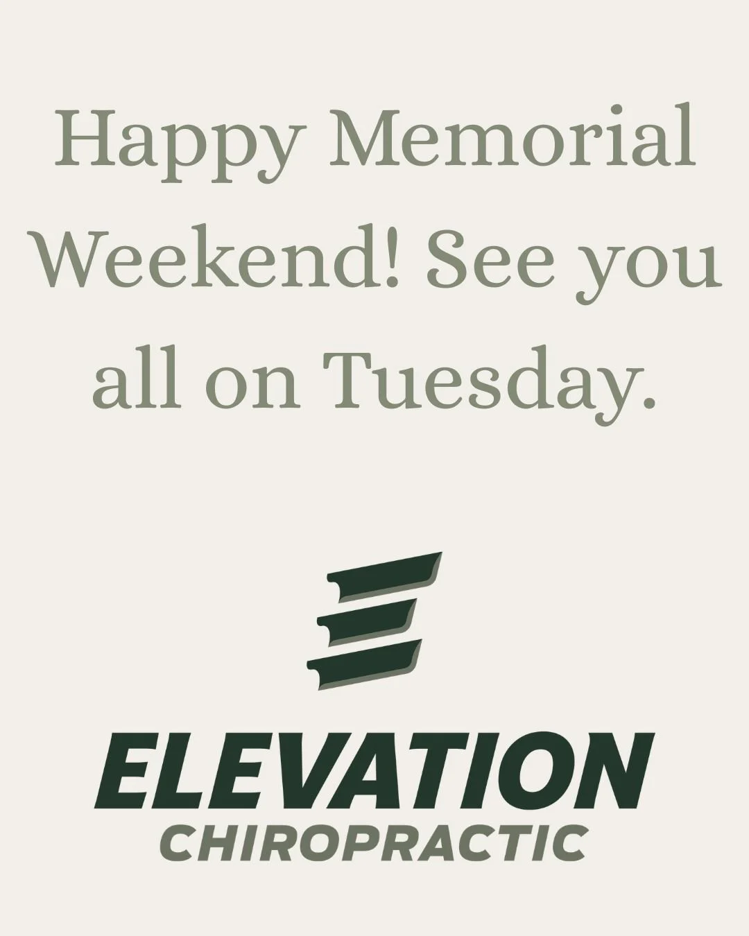 Happy Memorial Weekend, Chiro fam! We will be out of the office May 22 + 25, but back to serve you on May 26! Have an amazing holiday weekend 💚