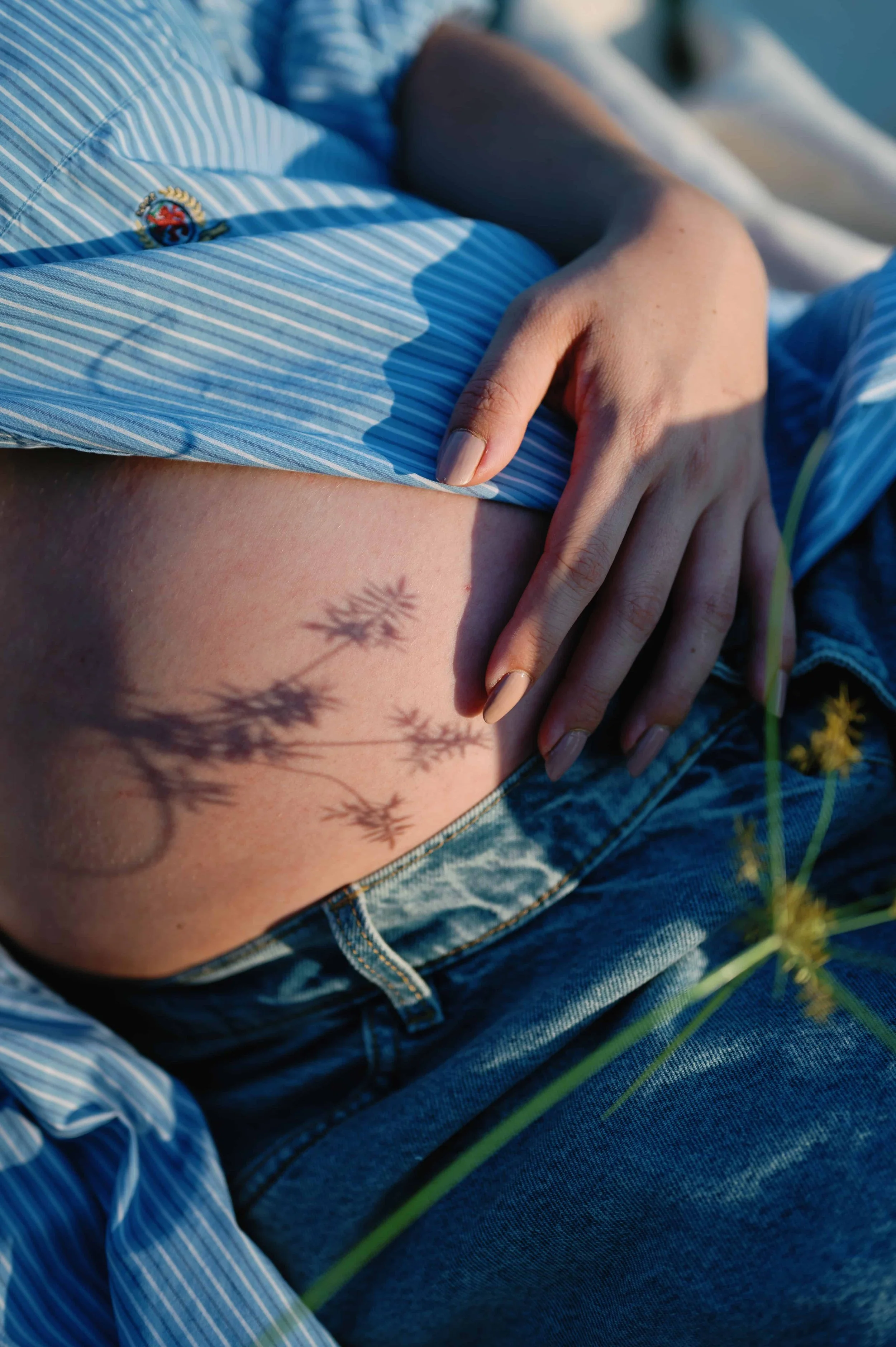 Close-up of a person's midsection showing a shadow of a plant cast on skin, with hand resting on belly, wearing a striped shirt and blue jeans.