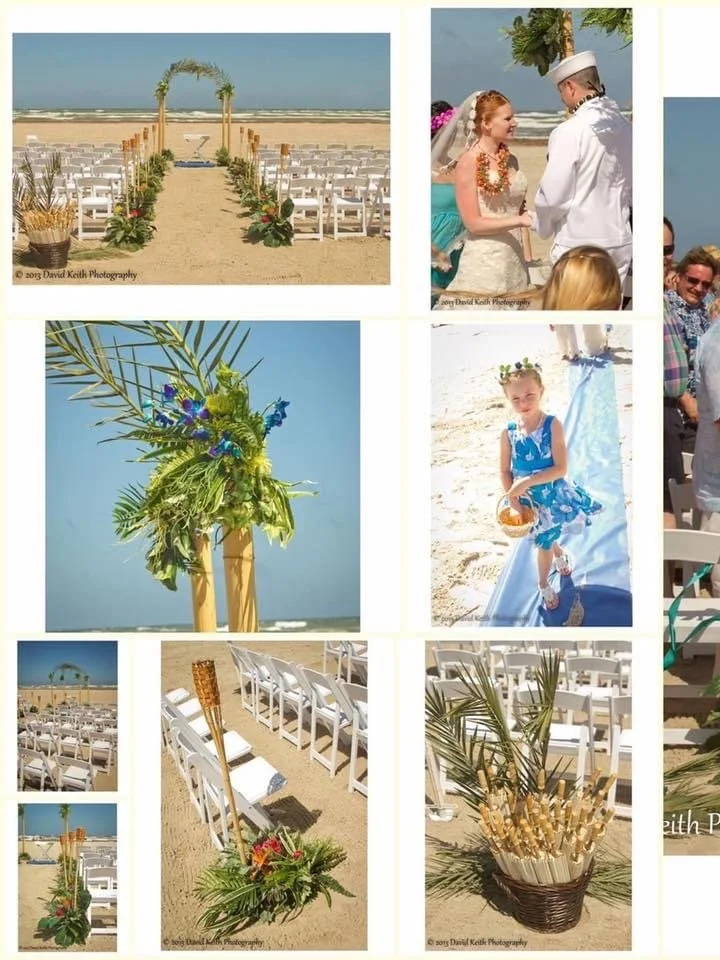 Blue orchids and tropical foliage.  Bamboo arch with palm frond arch.