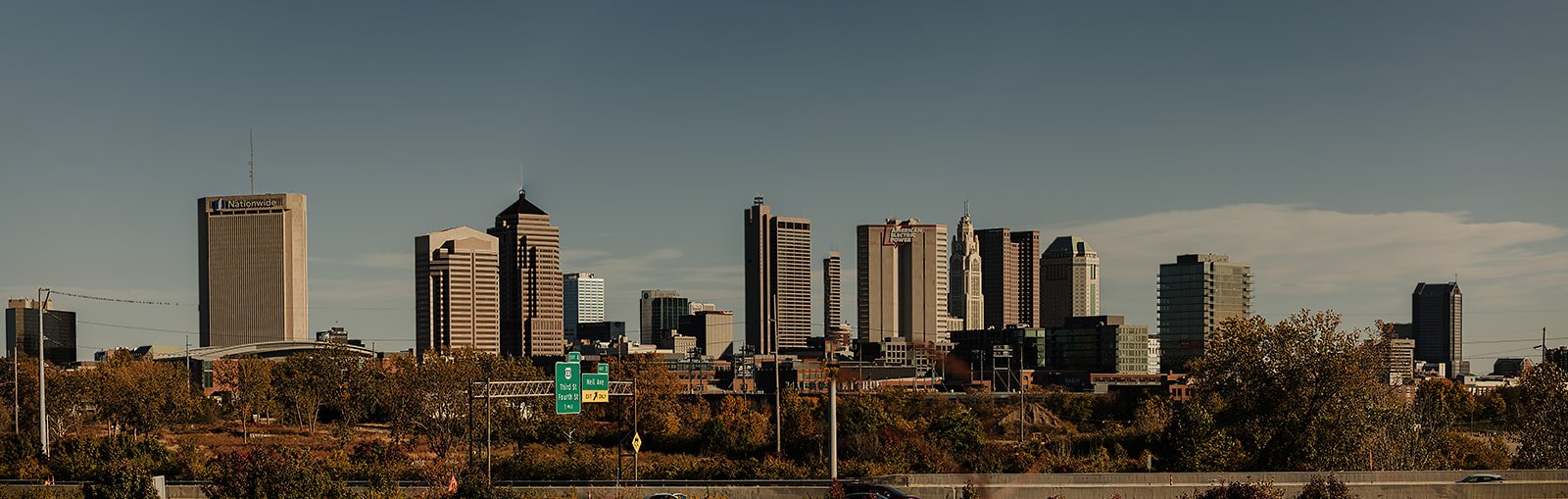 The Columbus, Ohio skyline from the view of The Fives rooftop terrace.