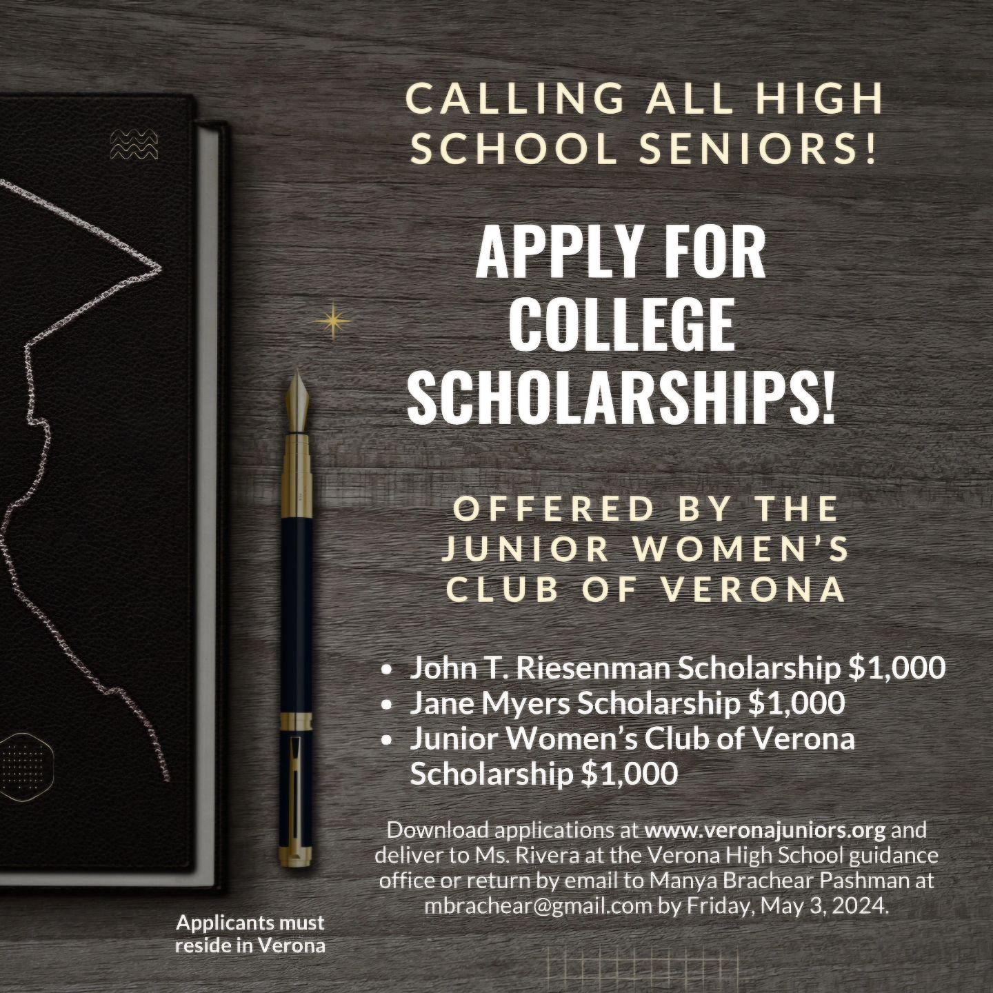 It's that time of year! 🎓 The Juniors are calling all high school seniors living in Verona to apply for our scholarships. Head over to Veronajuniors.org/scholarships for more info. Good luck! 📚

#veronanj @township_of_verona @myveronanj