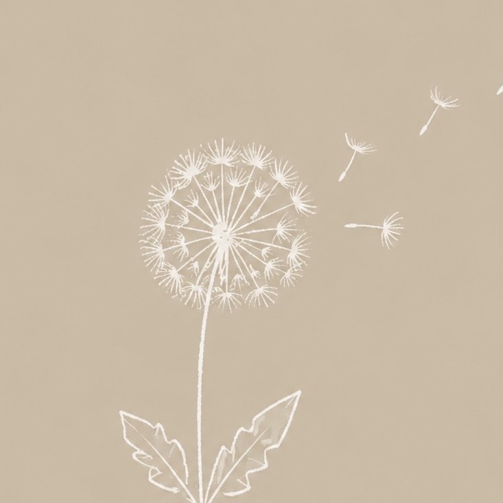 A minimalist illustration of a dandelion with seeds blowing away on a beige background.