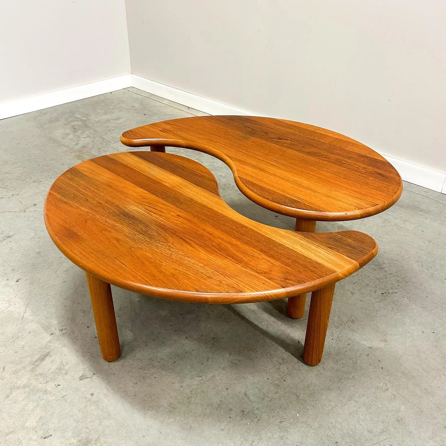 Back from the wild and excited to be back in the shop! First piece up is this Danish Modern Ying Yang coffee table. Solid teak with refinished tops and designed to balance form and function. Two sculptural tables that can nest together or stand beaut