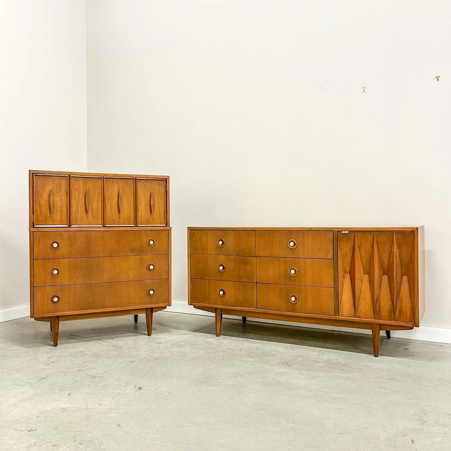 SOLD. Brought this American of Martinsville Harlequin trio back to life and I&rsquo;m a little obsessed with how the walnut glows now. Designed by Merton Gershun, the sculpted fronts, brass accents, and depth in the grain are everything I love about 