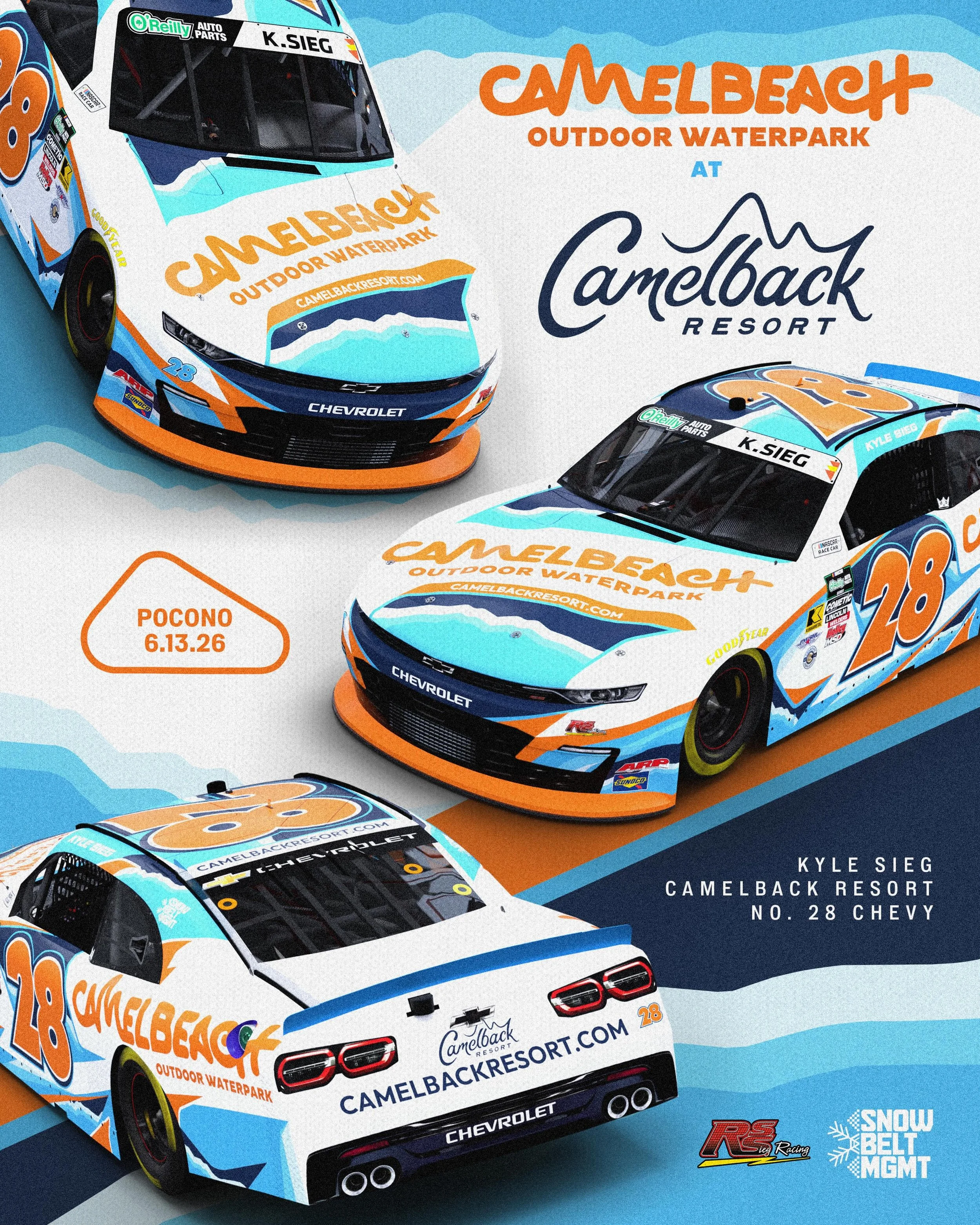 We&rsquo;re thrilled to team up with Camelback Resort again this year at Pocono! Kyle Sieg will be racing the Camelbeach Chevy around the Tricky Triangle next weekend!