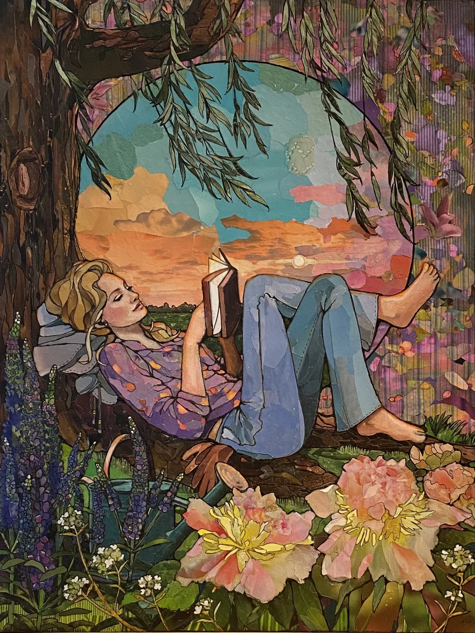 "It's a Vibe"
     Gardening work is an activity many of us enjoy, but it's equally important to stop to smell the flowers we grow, to relax, and drink in the beauty of nature. It's a vibe! 
12" x 16" Upcycled paper mixed media on wood panel
*Origi