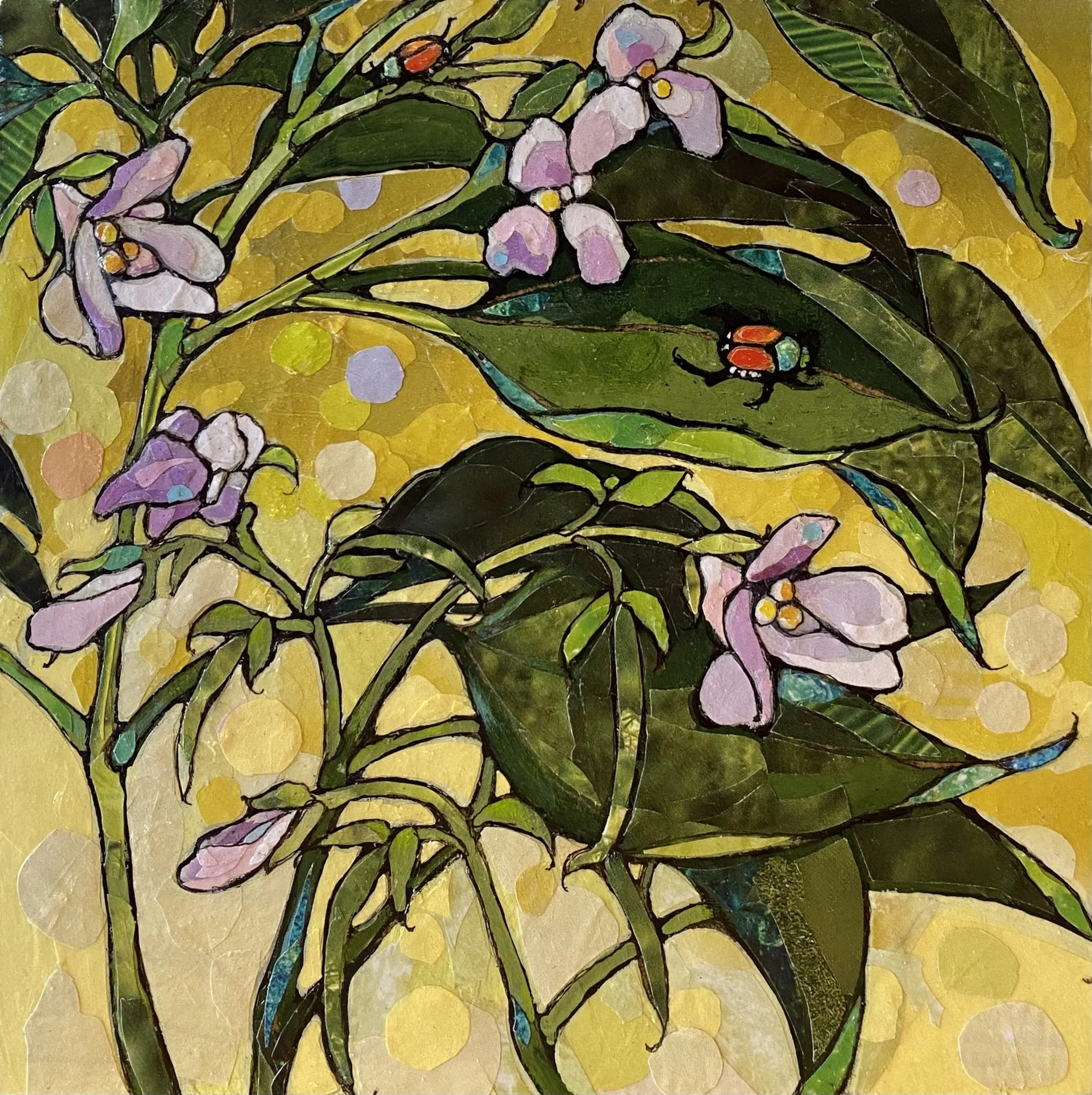 "Beetle Beauty"
       If they weren't trying to destroy my plants, I might be more admiring of their lovely iridescence. Aren't these tiny pests beautiful?
6" x 6" inch upcycled magazine paper and India ink on wood panel.
Original is available- Co