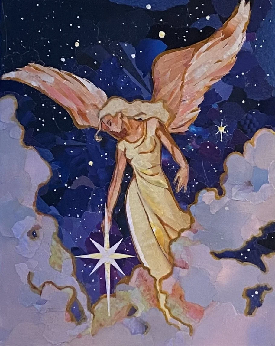 "Placing the Star of Bethlehem"
      A Heavenly Being placing the Star of Bethlehem to signify the birth of the Christ child. Rejoice!
8" x 10" Upcycled paper mixed media on wood panel
*Original is Available- Contact the Artist at rmbirrellstudio@