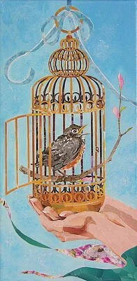 "Robin Bird"
While tradition would have a beautiful, dainty Canary singing in this cage, my favorite bird is the Robin, especially the young, fluffy, awkward ones. Their song makes me feel like I'm home wherever I live. Of course the cage stays open,