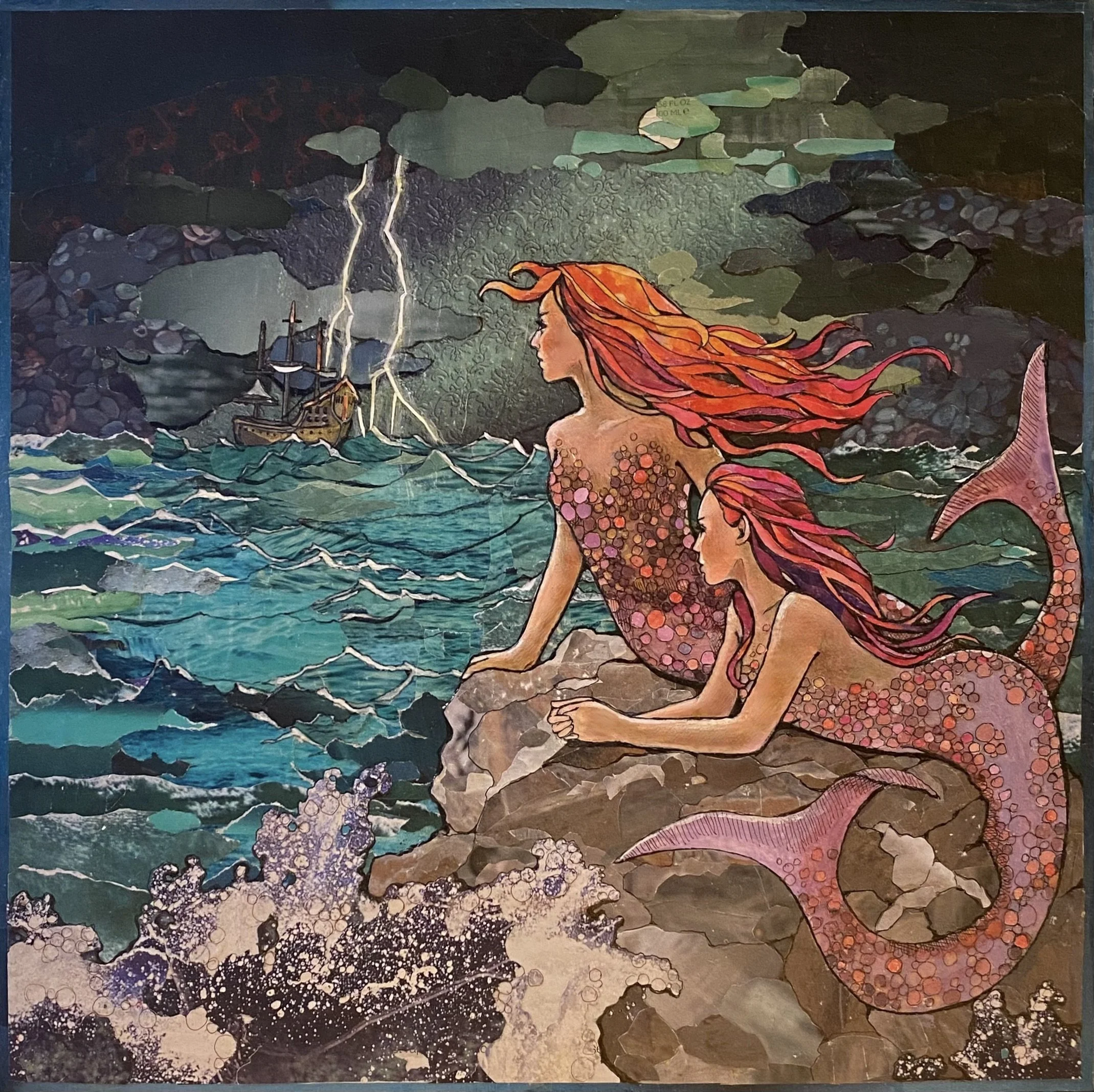 "Cold Fish"
    Original fairy tales were my favorite books as a kid. Many were far from "Disney" versions for the most part, as are these two sisters, just watching dispassionately as a distant ship struggles in a storm.
12" x 12" Upcycled paper mi
