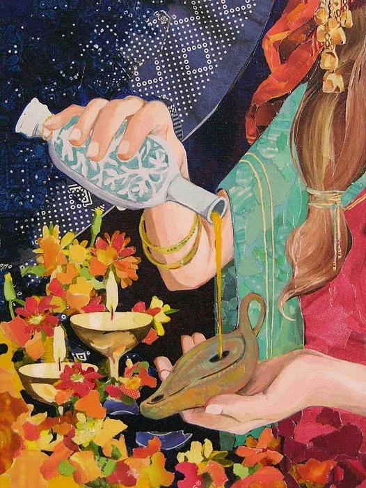 "Five of Them Were Wise"
     An interpretation of the Parable of the Ten Virgins from the New Testament. Here is one of the young women who is wisely preparing by filling her lamp with oil.
9" x 12" Upcycled paper mixed media on wood panel.
*Origi