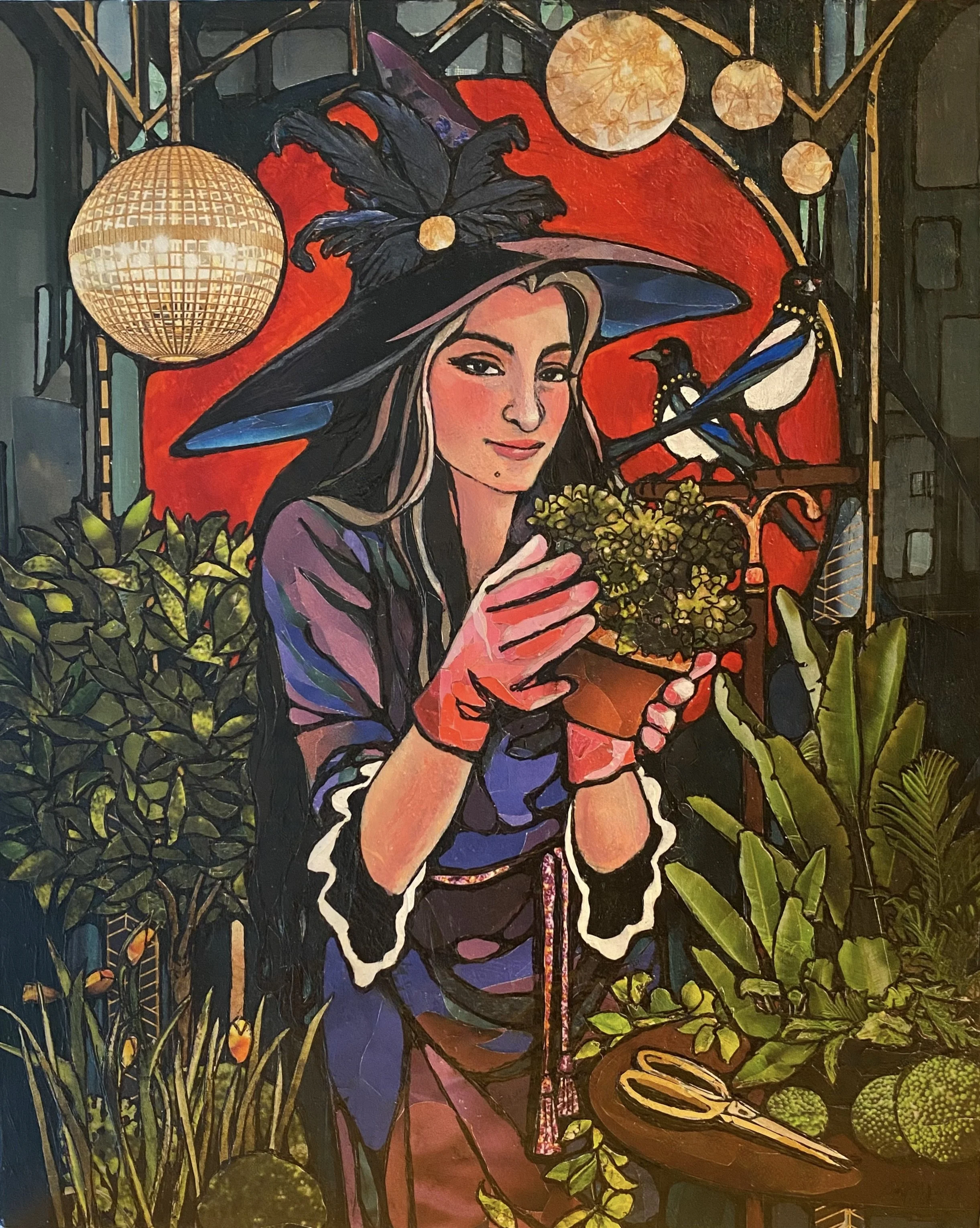 "Conservatory Witch"
   The Conservatory Witch only uses her powers for good. Conjuring a beautiful garden is her thing.
 8"x 10" Upcycled paper mixed media on wood panel
*Original is available- Contact the artist at rmbirrellstudio@gmail.com
