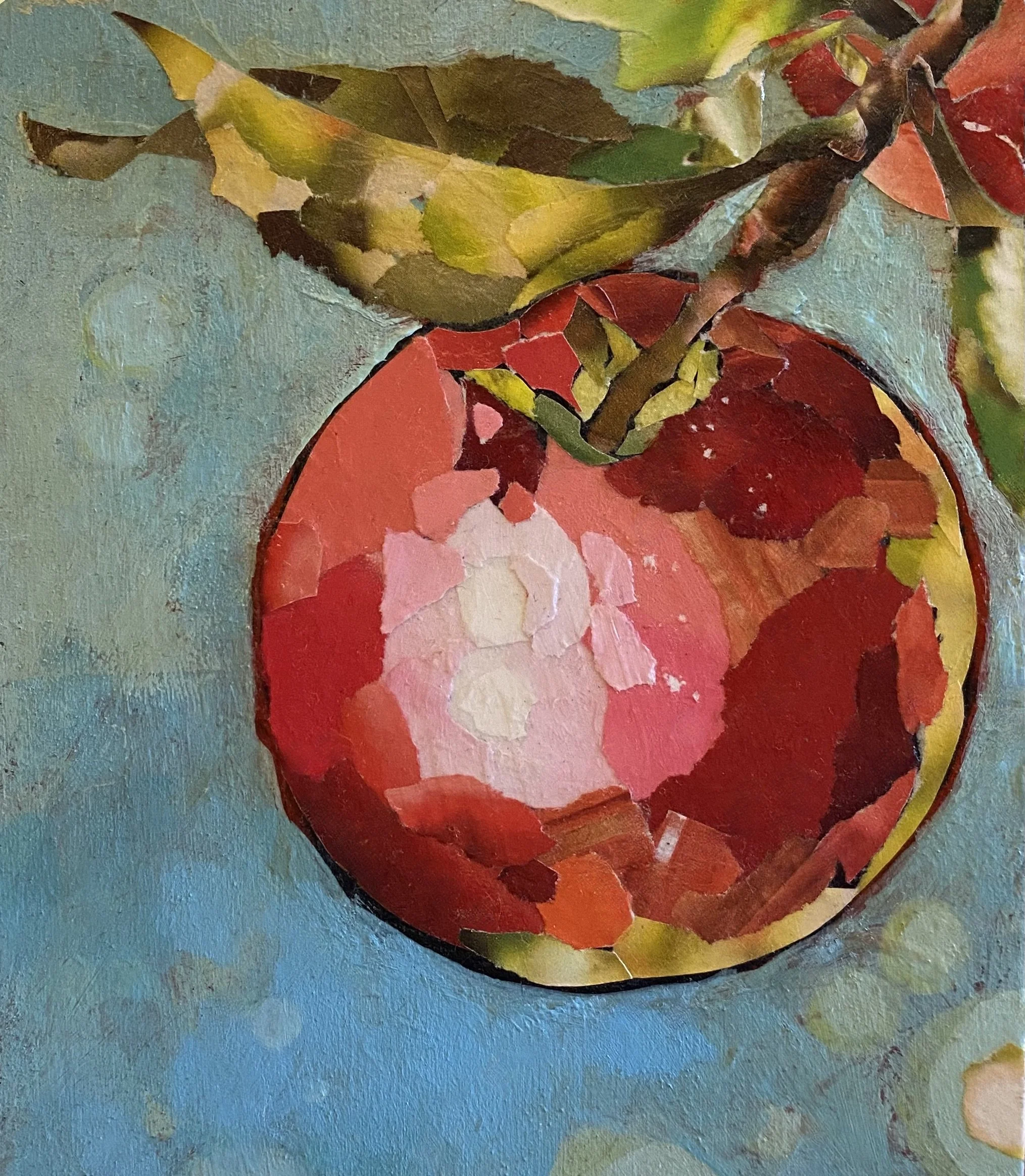 "McIntosh"
    Every autumn of my childhood involved a family trip to an apple orchard with Mac trees galore. To this day, I prefer my apples so tart I can barely bite into them!
5" x 6" inch upcycled magazine paper and acrylic on wood panel
Origi