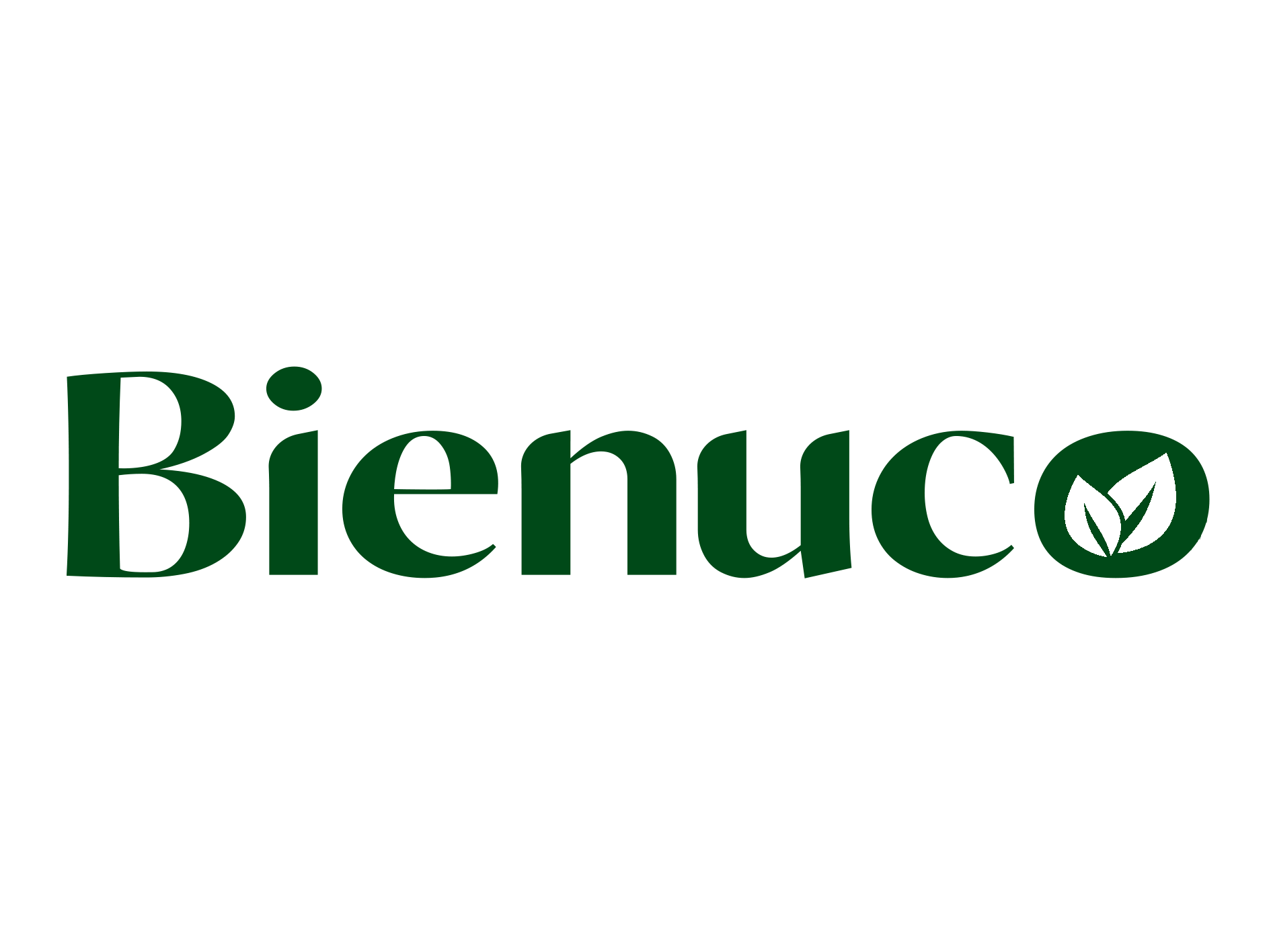 Logo mit dem Wort „Bieńuco“ in dunklem Grün und einem grünen Blatt im Buchstaben „o“.