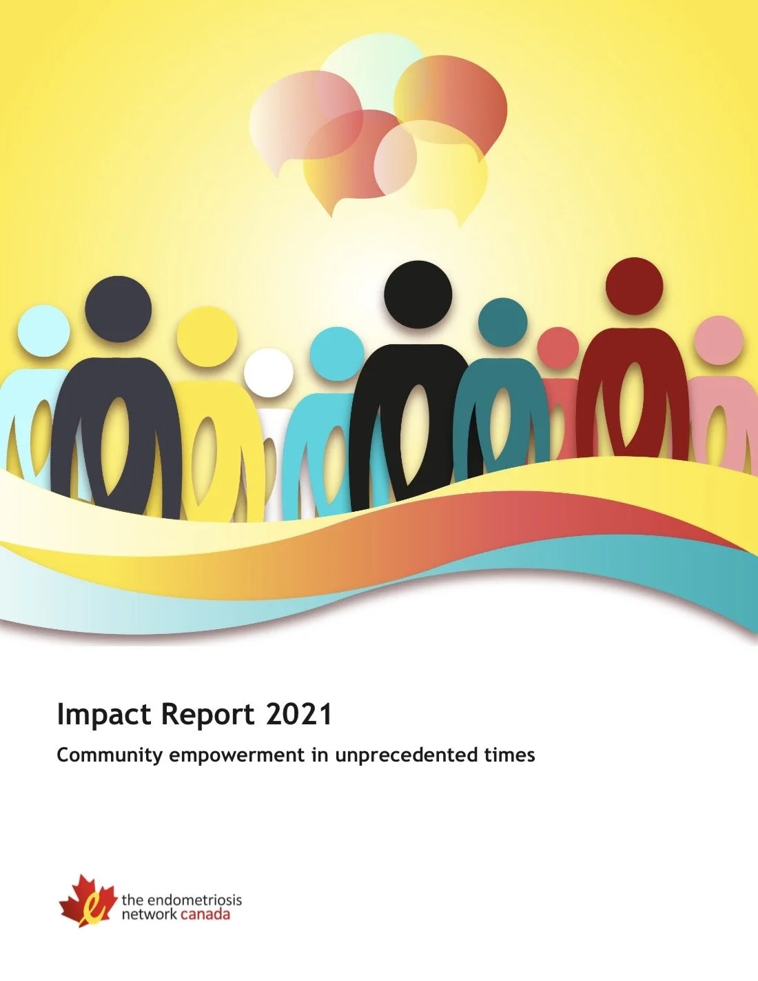The cover of the impact report features a colourful digital illustration of stylized people graphics facing forward as a community with a bright yellow background and a swarm of colourful conversation bubbles overhead.