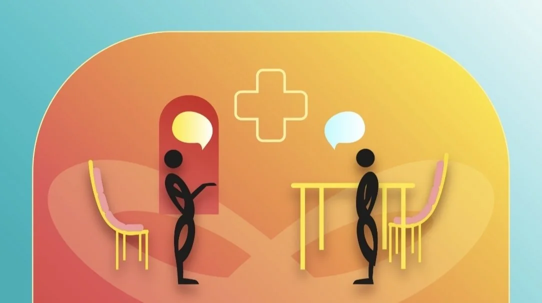 A vibrant and stylized digital illustration of a patient and healthcare consultant having a conversation in a modern clinical setting. Conversation bubbles are rendered above each of the two characters.