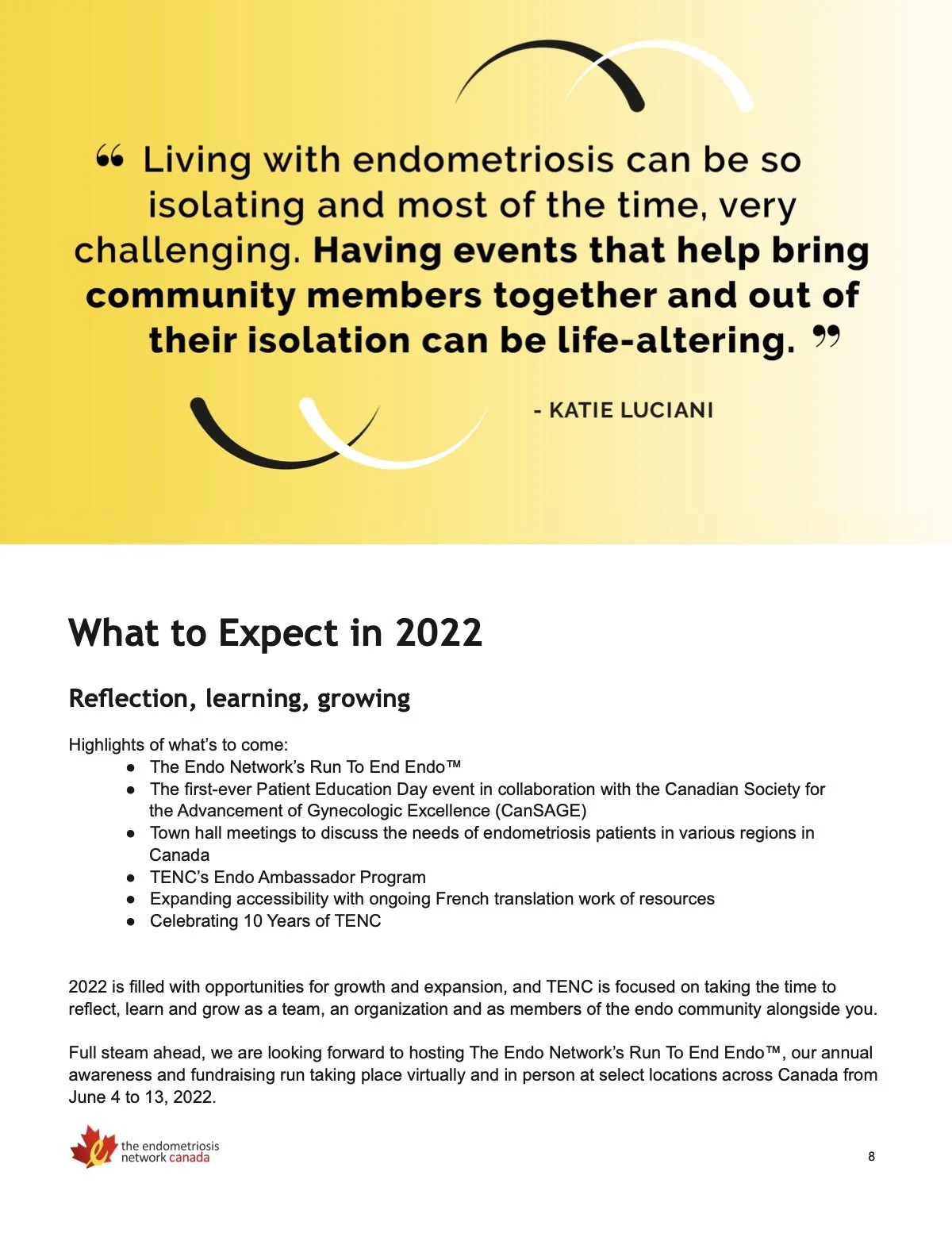A bright yellow banner displays curvy black and white quote forms around a message about the positive impact events can have on the endometriosis community by bringing people together. The text below discusses what to look forward to in 2022.
