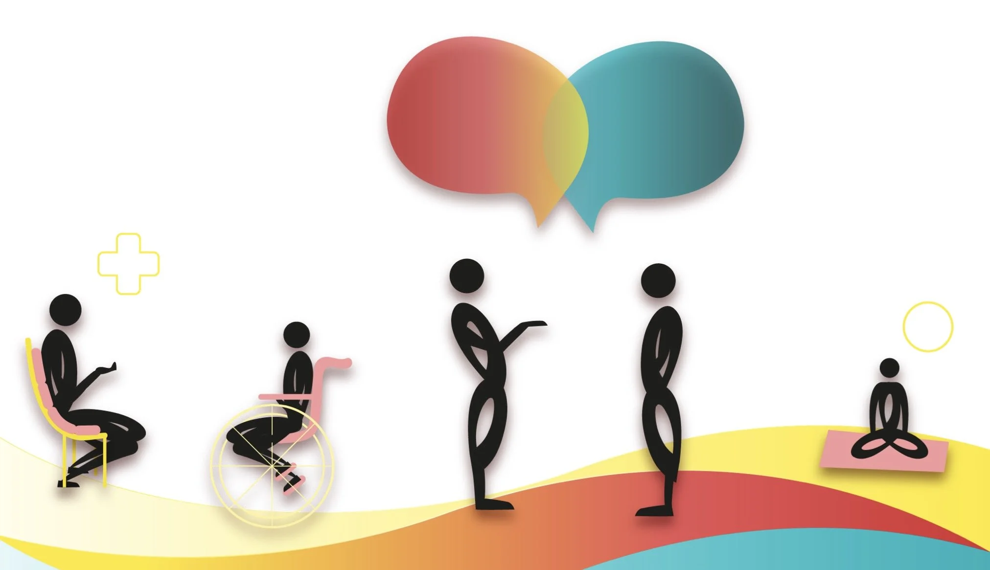 A colourful digital illustration of stylized people graphics in various conversations and seated positions. Curvy, colourful bold lines frame the bottom and two conversation bubbles are centred in the image.