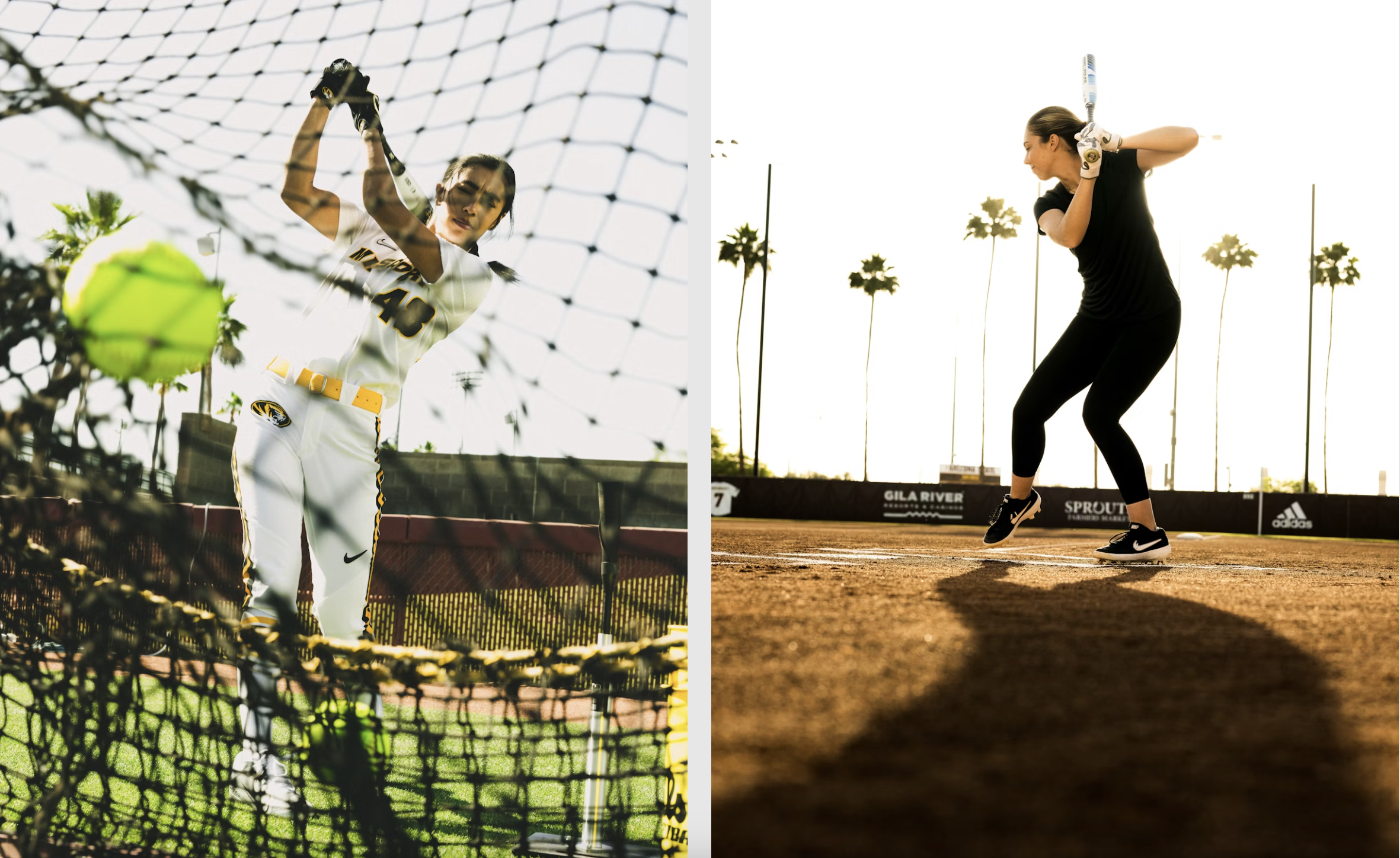 Two women are playing sports on a sunny day. The woman on the left is hitting a softball, viewed through the net. The woman on the right is preparing to hit a baseball or softball with a bat.
