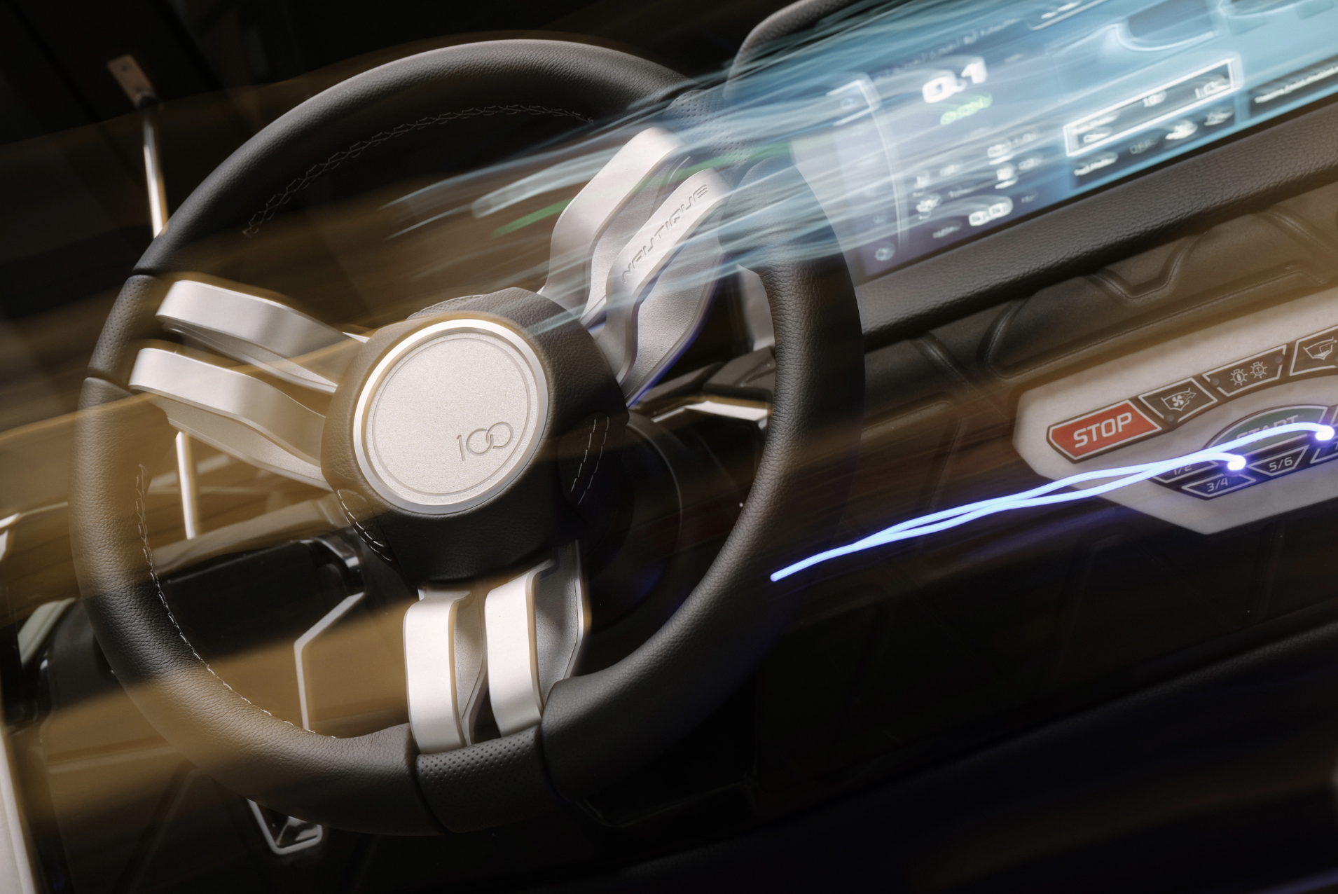 Close-up of a modern boat dashboard and steering wheel, with digital displays and vibrant light streaks.