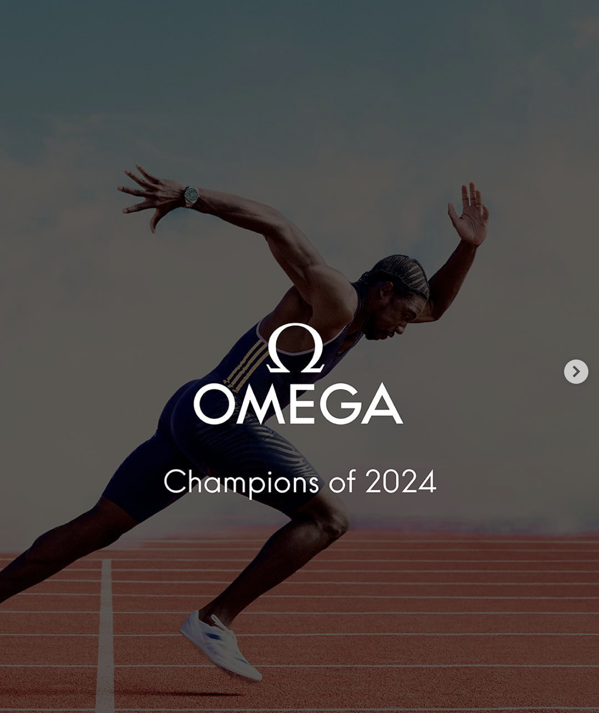 A male sprinter in a starting stance on a red running track, titled 'Champions of 2024' with the Omega logo.