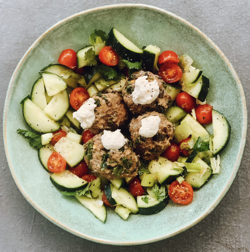 Harissa Lamb Patties with Cucumber Feta Salad
