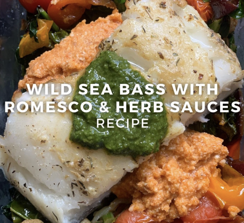 Wild Sea Bass with Romesco &amp; Green Herb Sauce