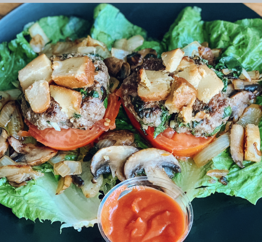 Bison Burgers with Mushrooms, Onions &amp; Goat Cheddar