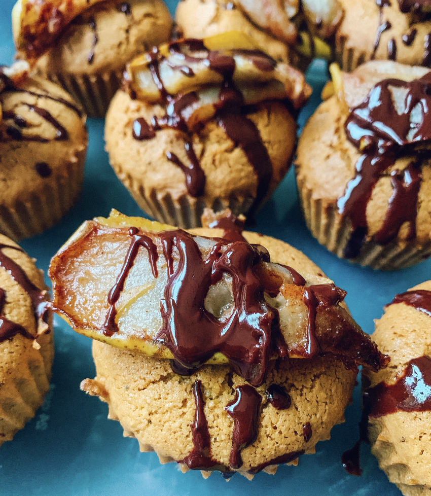 Chamomile Muffins with chocolate Ganache, roasted pears, and honey