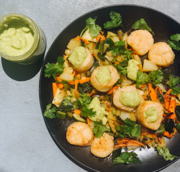 Pan-Seared Wild Scallops with Avocado-Lime-Coconut Sauce
