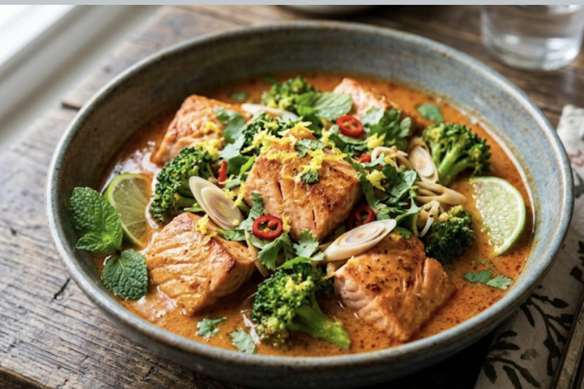 Wild Salmon and Broccoli Red Curry with Coconut and Lime