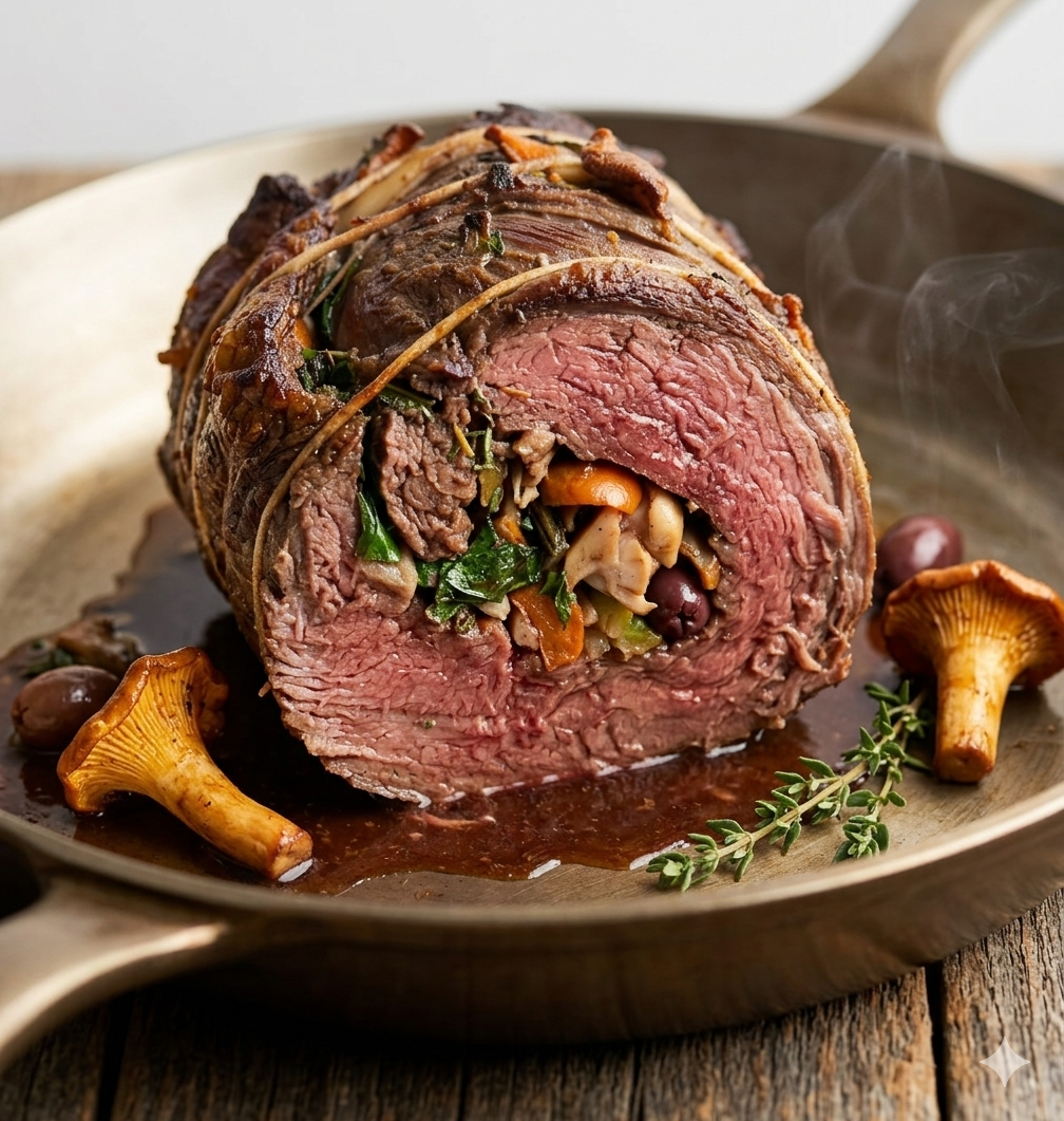 Beef Tenderloin Roulade with Wild Mushrooms, Olives &amp; Greens