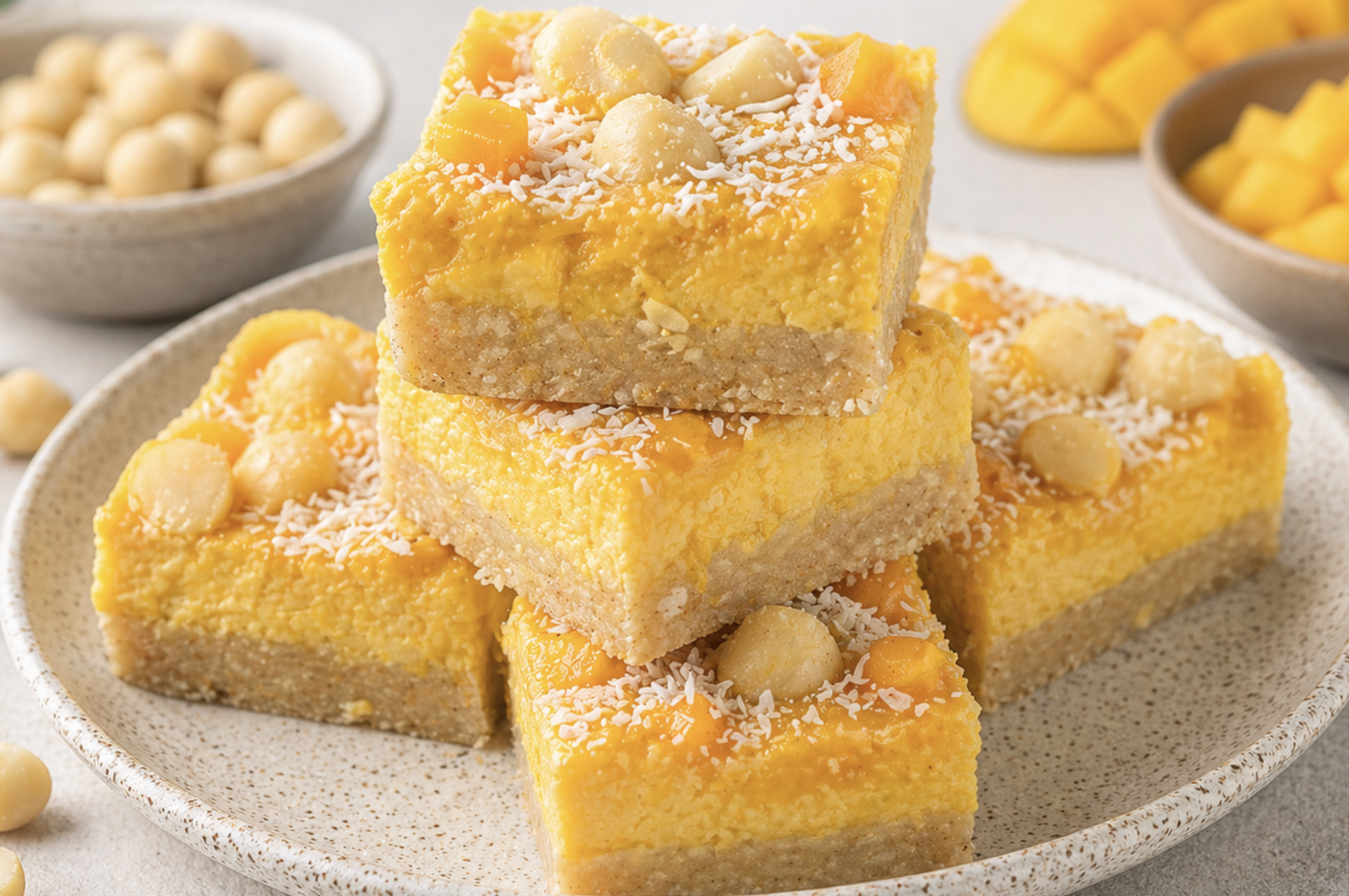 RAW MACADAMIA-MANGO CHEESECAKE BARS