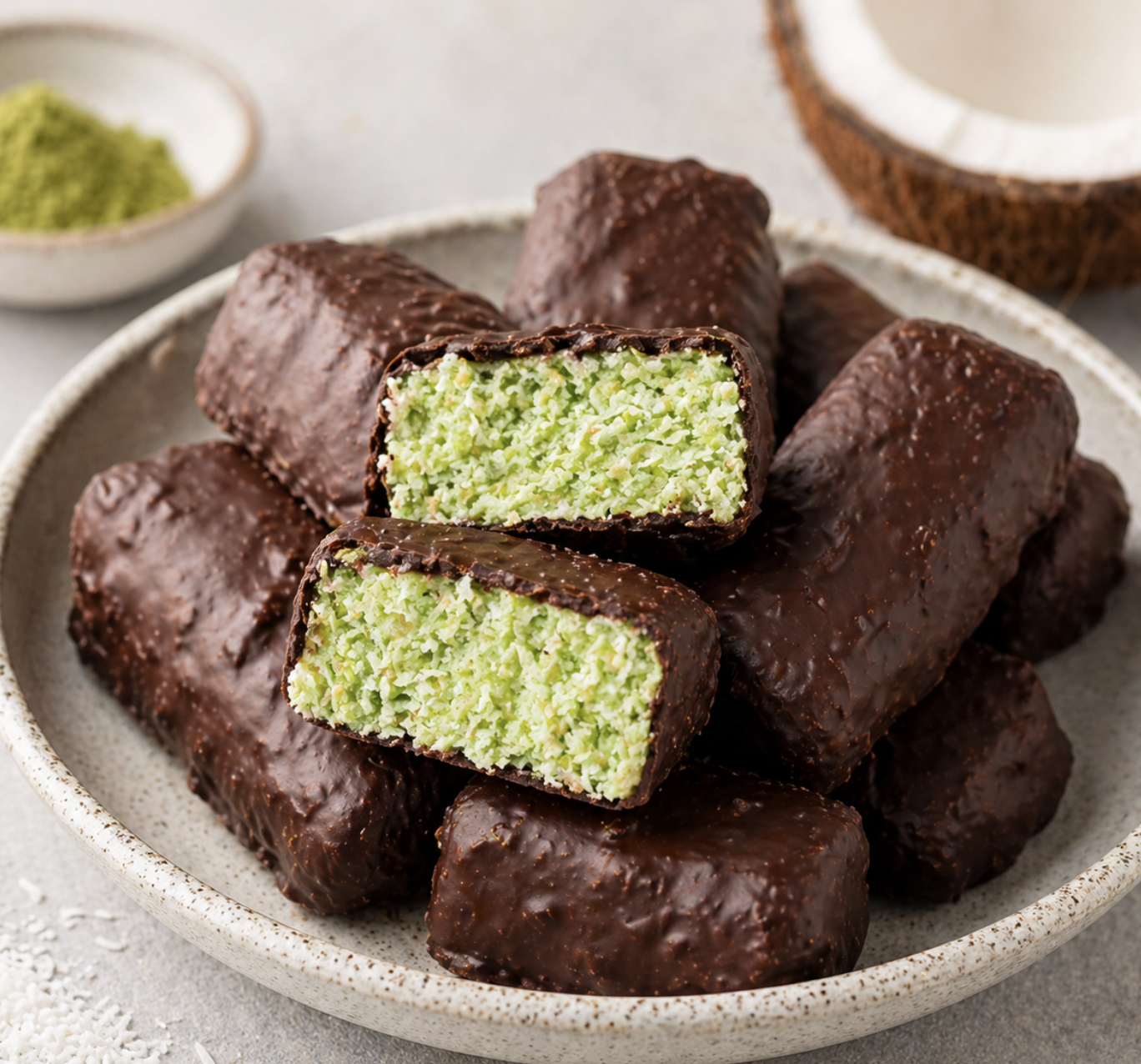 Raw Matcha Coconut Bounty Bars Dipped in Raw Chocolate
