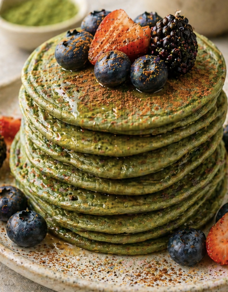 Matcha Sprouted Buckwheat Pancakes with Berries and Cinnamon