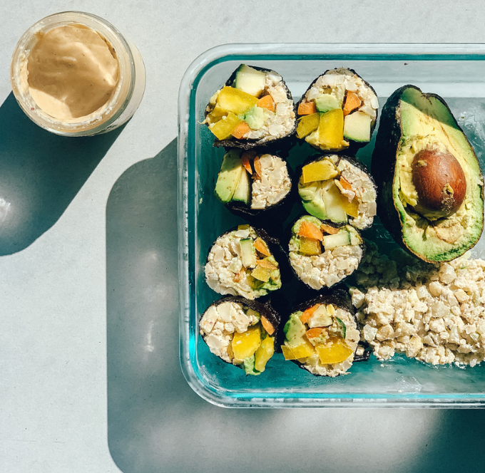 Veggie Sushi Roll with Cauliflower Rice and Tahini-Ginger Dipping Sauce