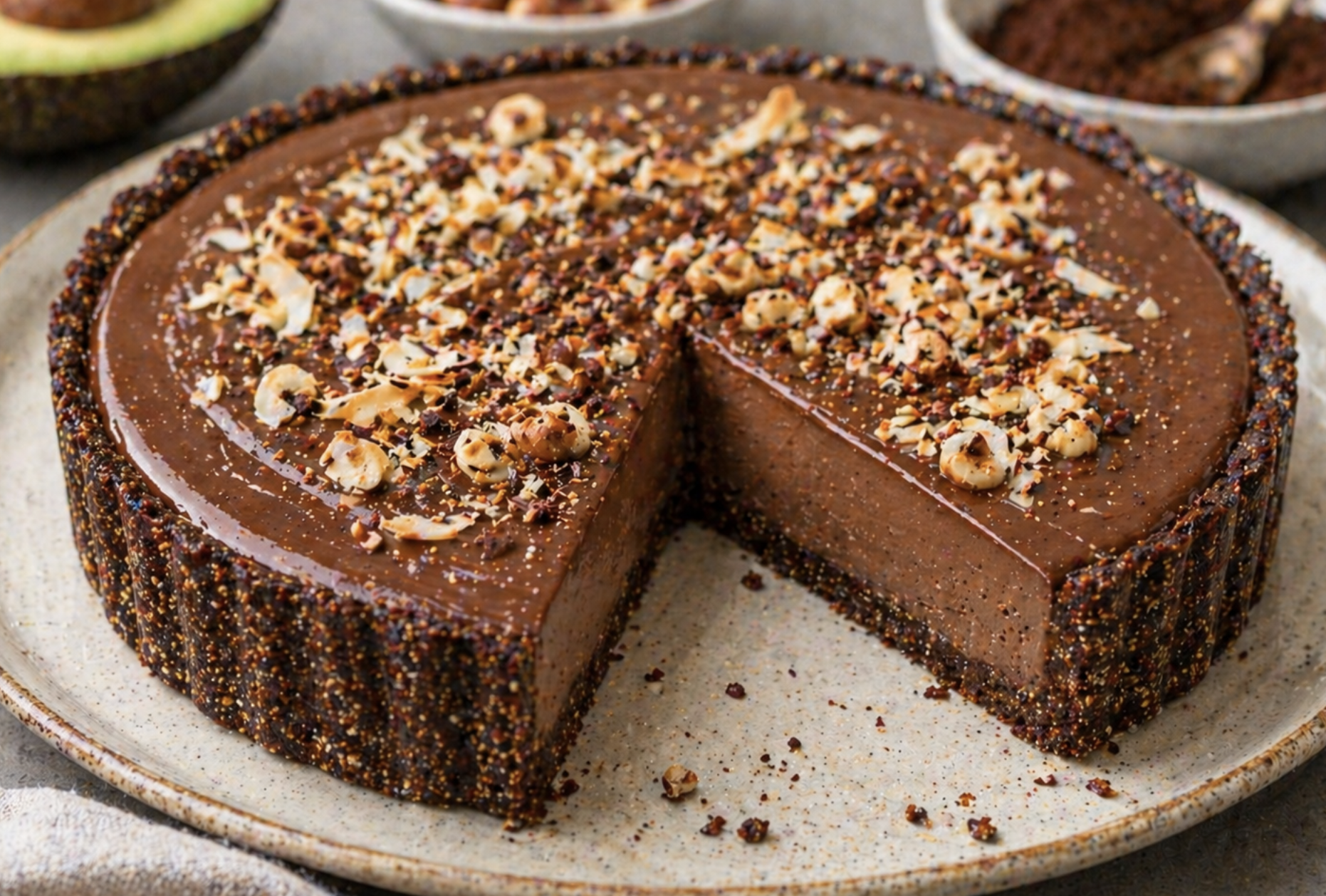 Raw Chocolate Hazelnut Mousse Tart with Avocado Filling
