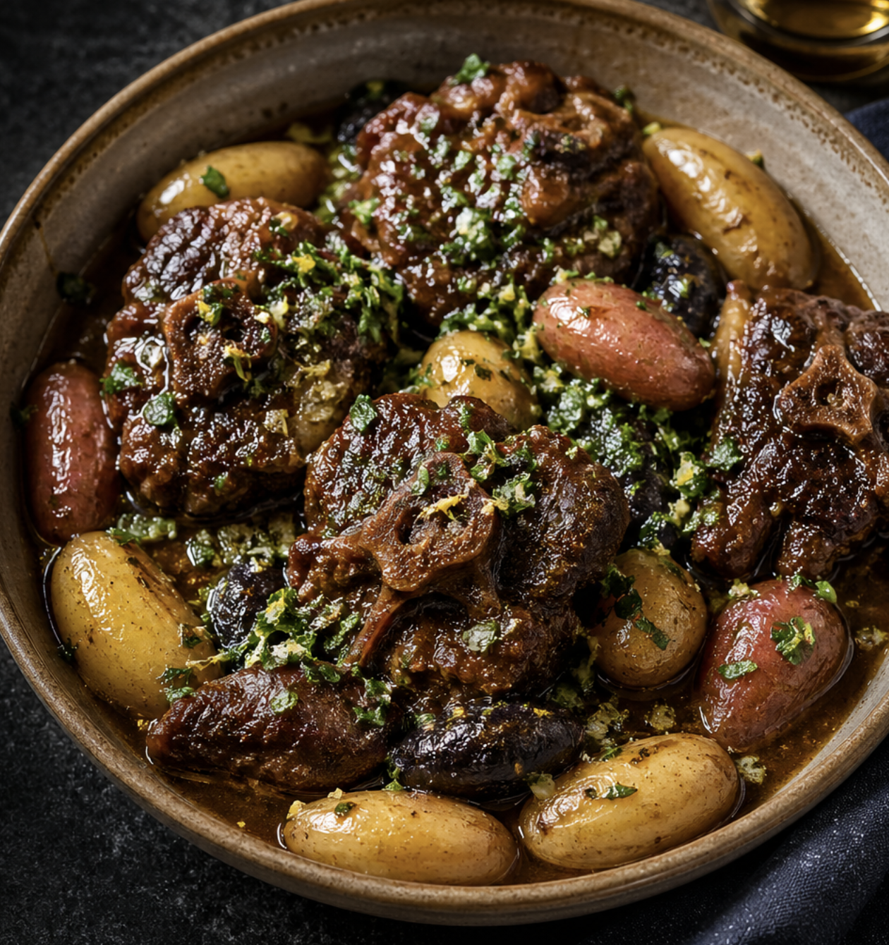 OXTAIL WITH FINGERLING POTATOES &amp; HERB GREMOLATA