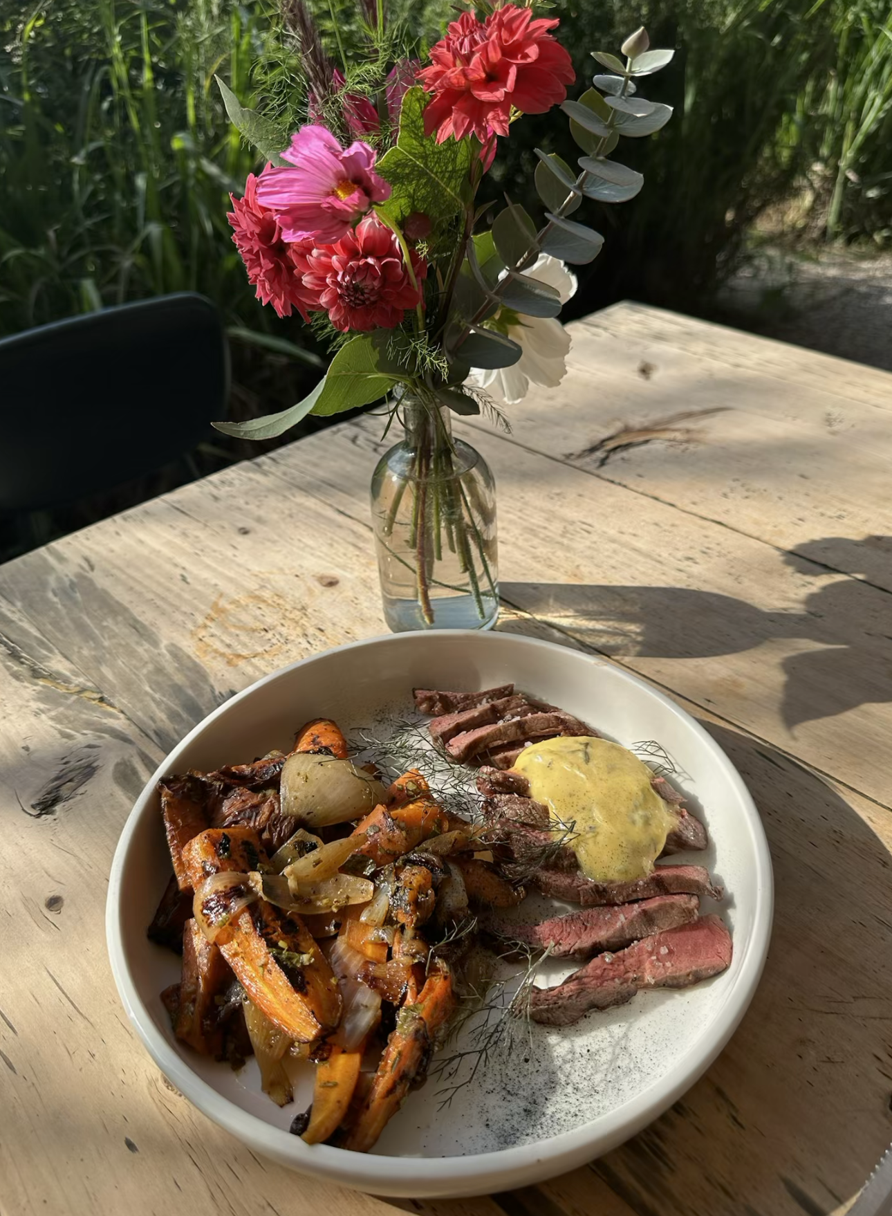 Grass-fed RIBEYE STEAK WITH HOLLANDAISE OR BÉARNAISE AND ROASTED ROOT VEGETABLES