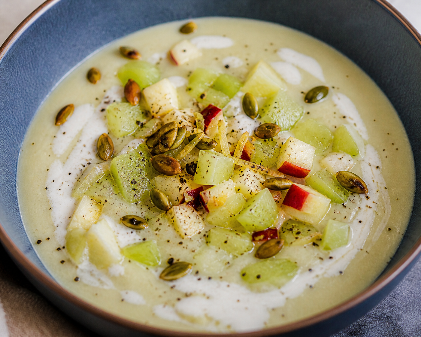 Creamy Chayote-Ginger Soup with Apple, Cream, and Toasted Pepitas