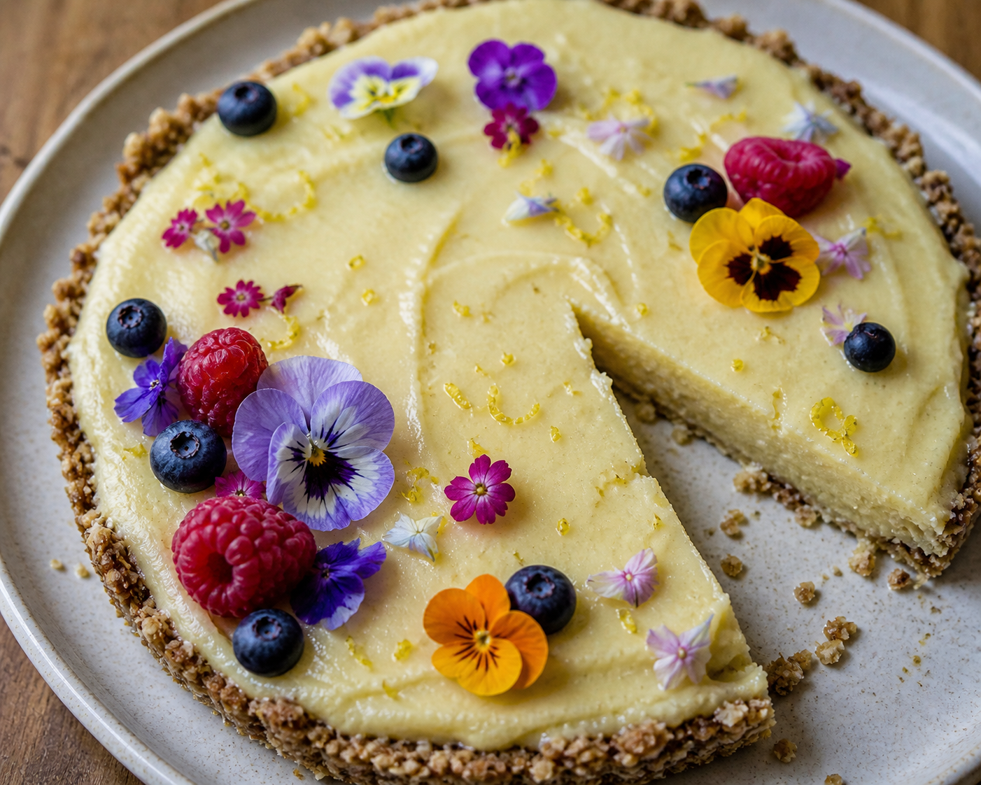 Raw Lemon Tart with Cashew Cream and Edible Flowers
