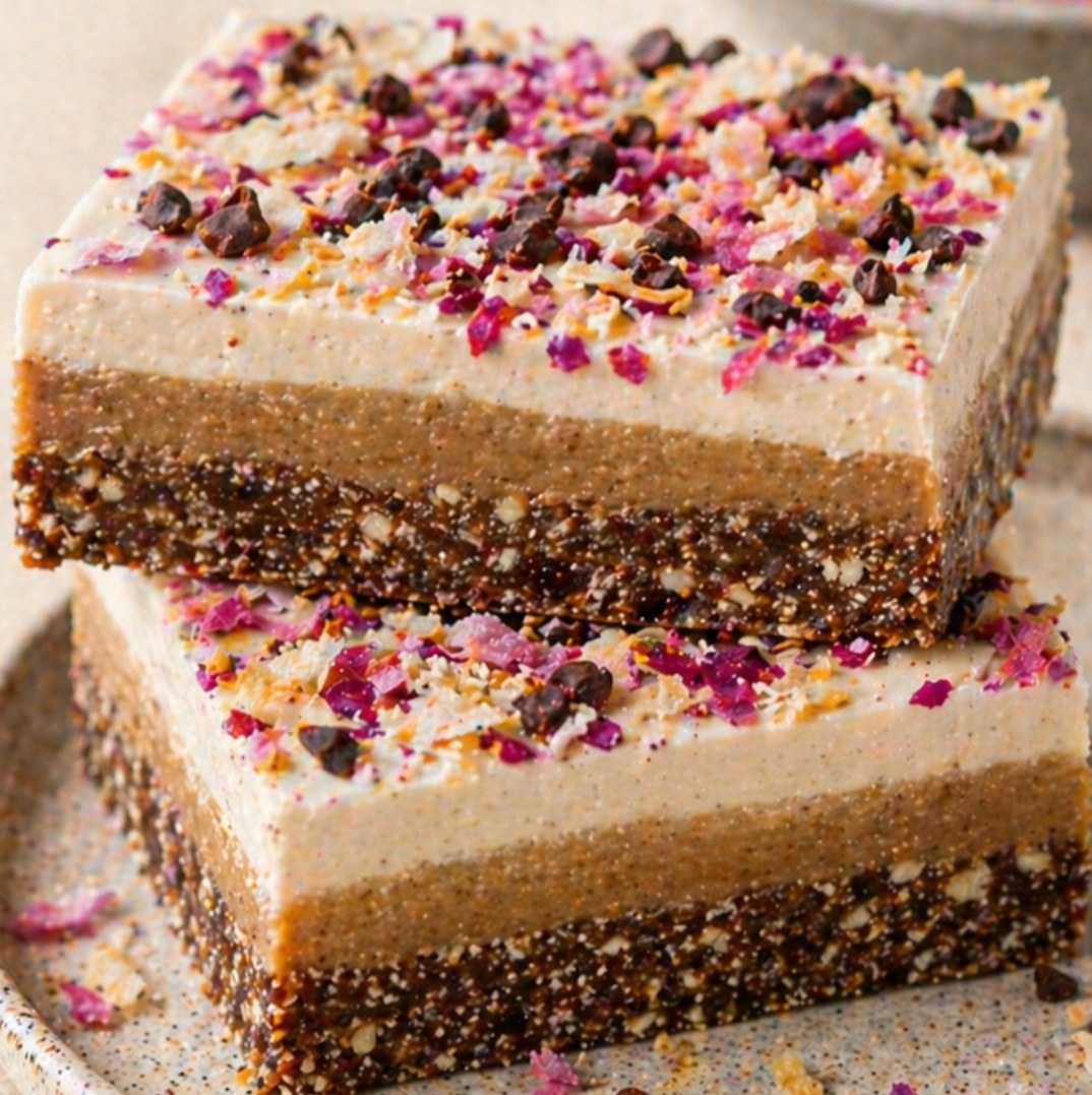 Tahini Caramel Slice with Vanilla Cashew Cream and Colorful Coconut Topping