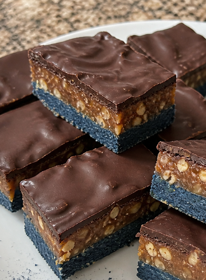 Blue Majik "Snickers" Bars with Date Caramel and Raw Chocolate