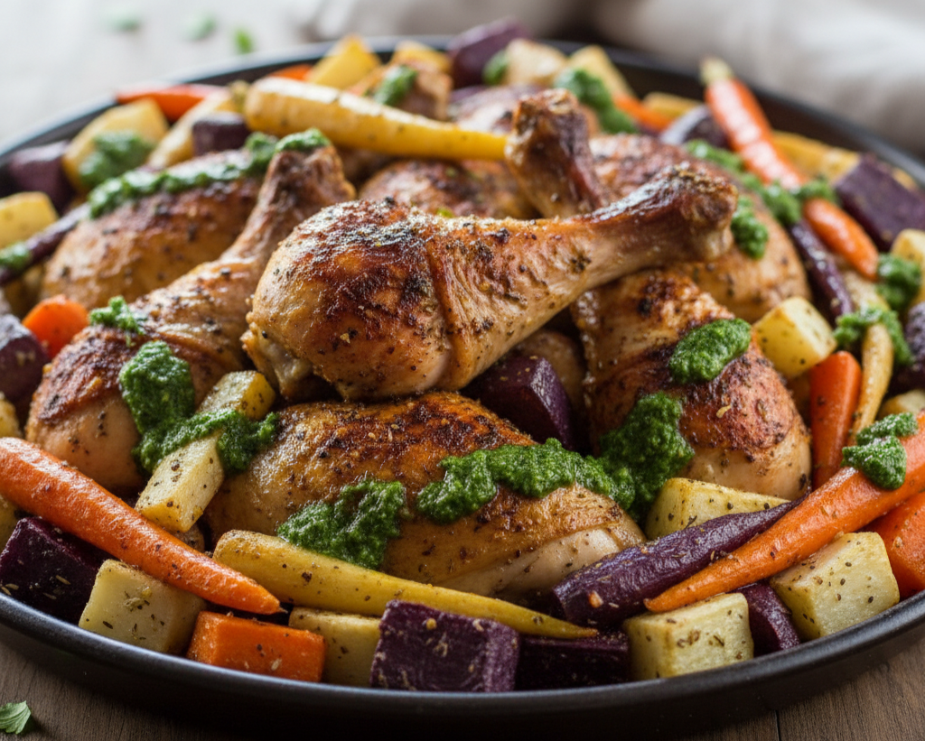 Moroccan-Spiced Roast Chicken with Caramelized Root Vegetables, Chermoula, and Green Yogurt