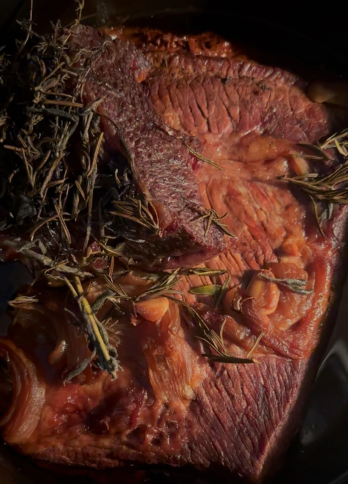 Slow-Braised Grass-Fed Brisket with Bone Broth, Dried Fruit &amp; Roasted Garlic