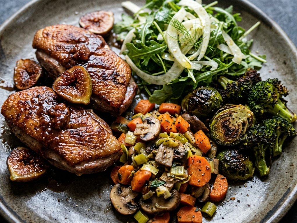 Crispy Duck with FIG, Brassicas, Carrot-Leek-Mushroom Sauté &amp; Arugula-Fennel Salad