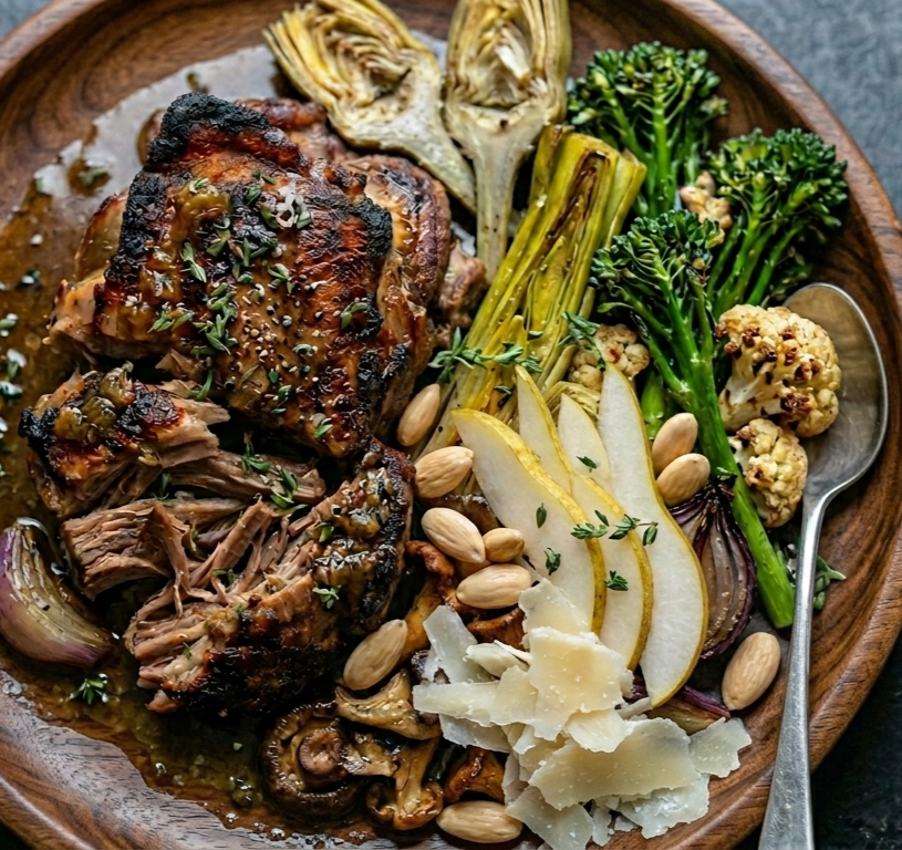 crispy-edged slow-Cooked Lamb Shoulder with Apricot &amp; Roasted Vegetables